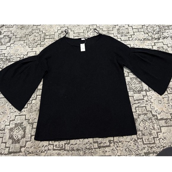 Gap silk blend Women's Pullover Crew Neck Rib Knit Top Bell Sleeve L Black NWT - Picture 3 of 7
